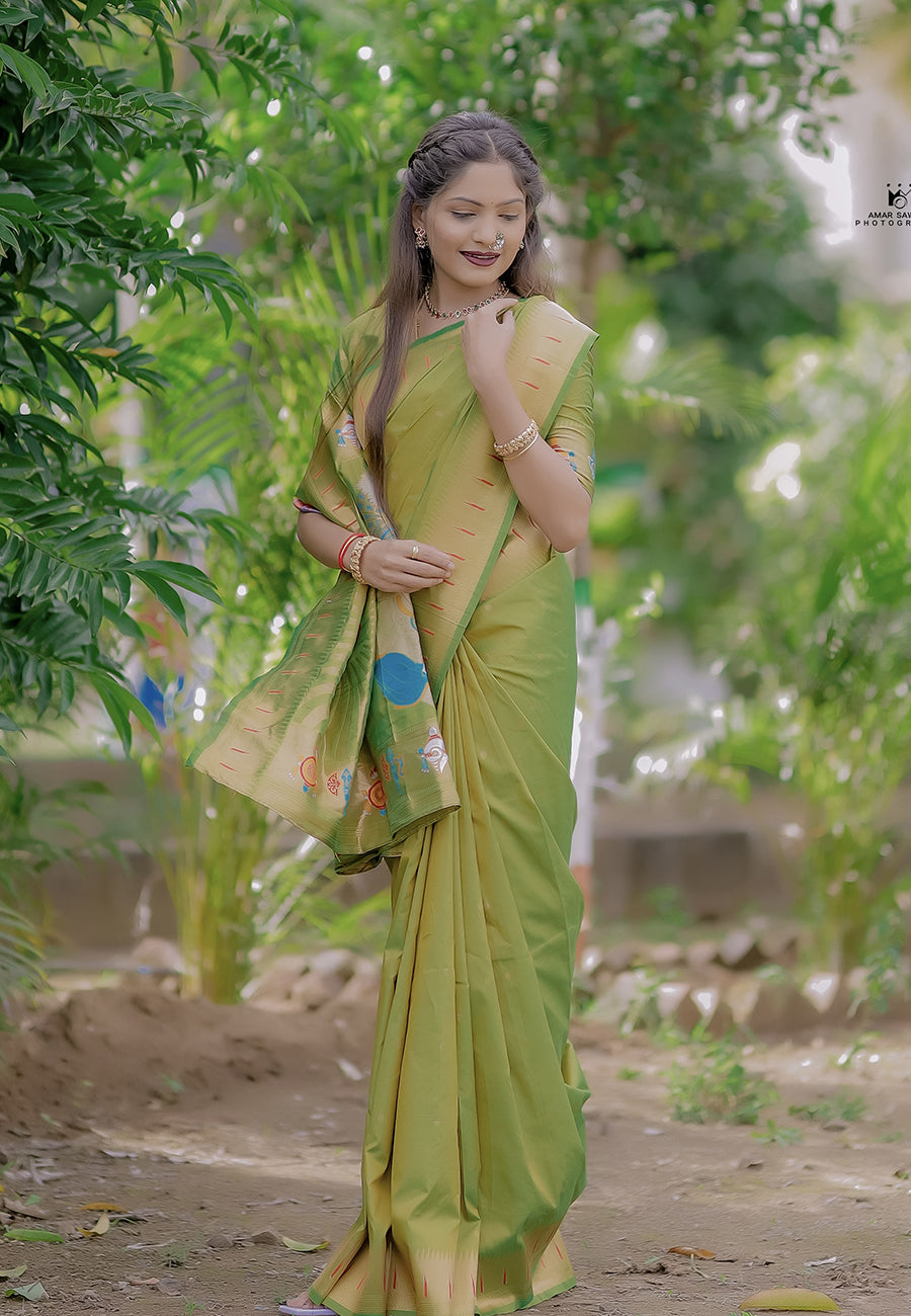 Mehendi Green Zari Woven Ganpati God Paithani Silk Saree