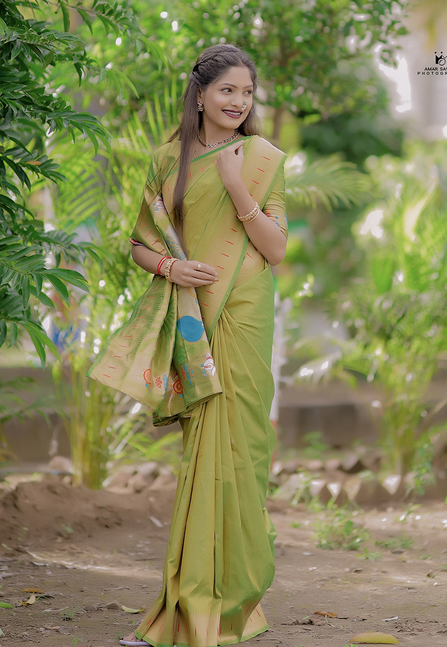 Mehendi Green Zari Woven Ganpati God Paithani Silk Saree