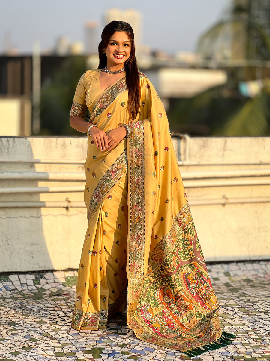 Light Yellow Baluchari Silk Zari Woven Saree