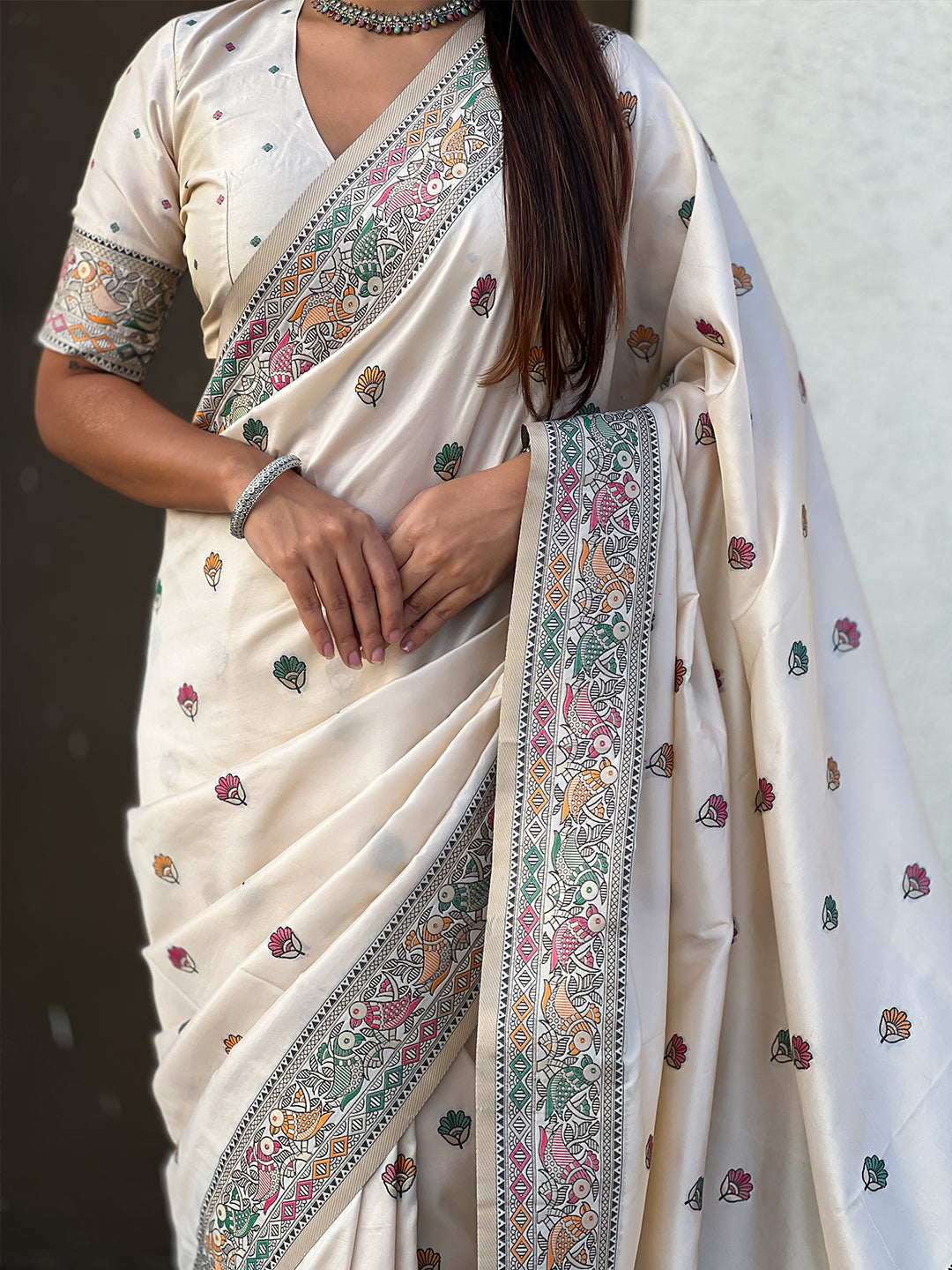 Cream Baluchari Silk Zari Woven Saree