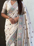 Cream Baluchari Silk Zari Woven Saree