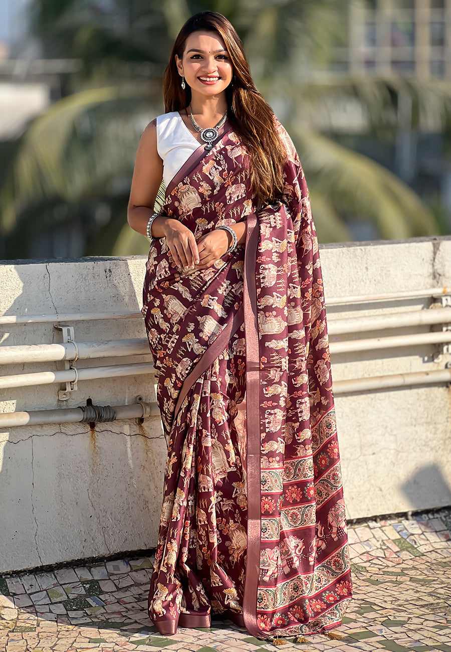 Dark Brown Tussar Silk Printed Saree with Zari Woven Border