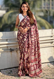 Dark Brown Tussar Silk Printed Saree with Zari Woven Border