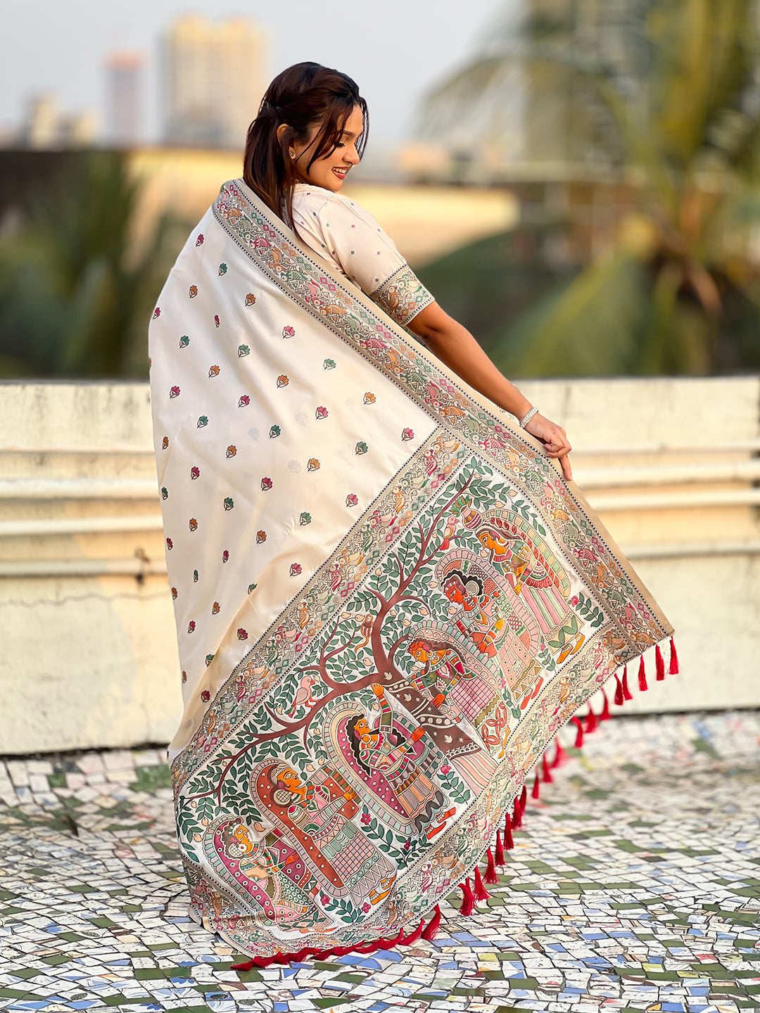 Cream Baluchari Silk Zari Woven Saree