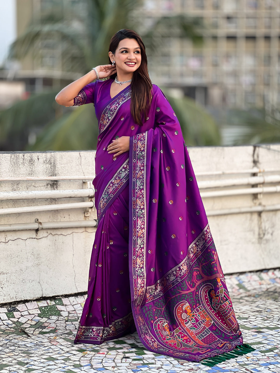 Purple Baluchari Silk Zari Woven Saree
