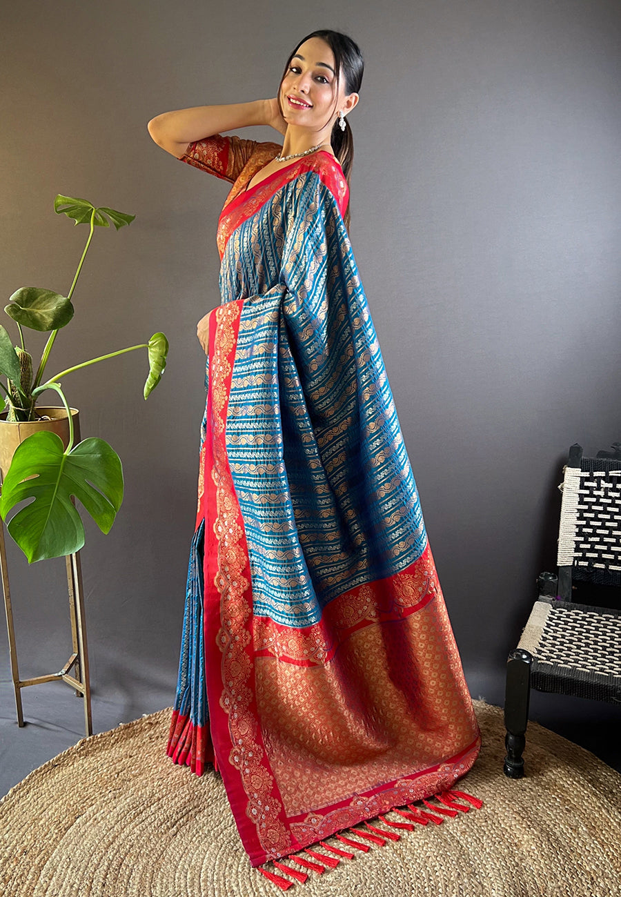 Blue Contrast Zari Woven Silk Saree With Satin Unique Border