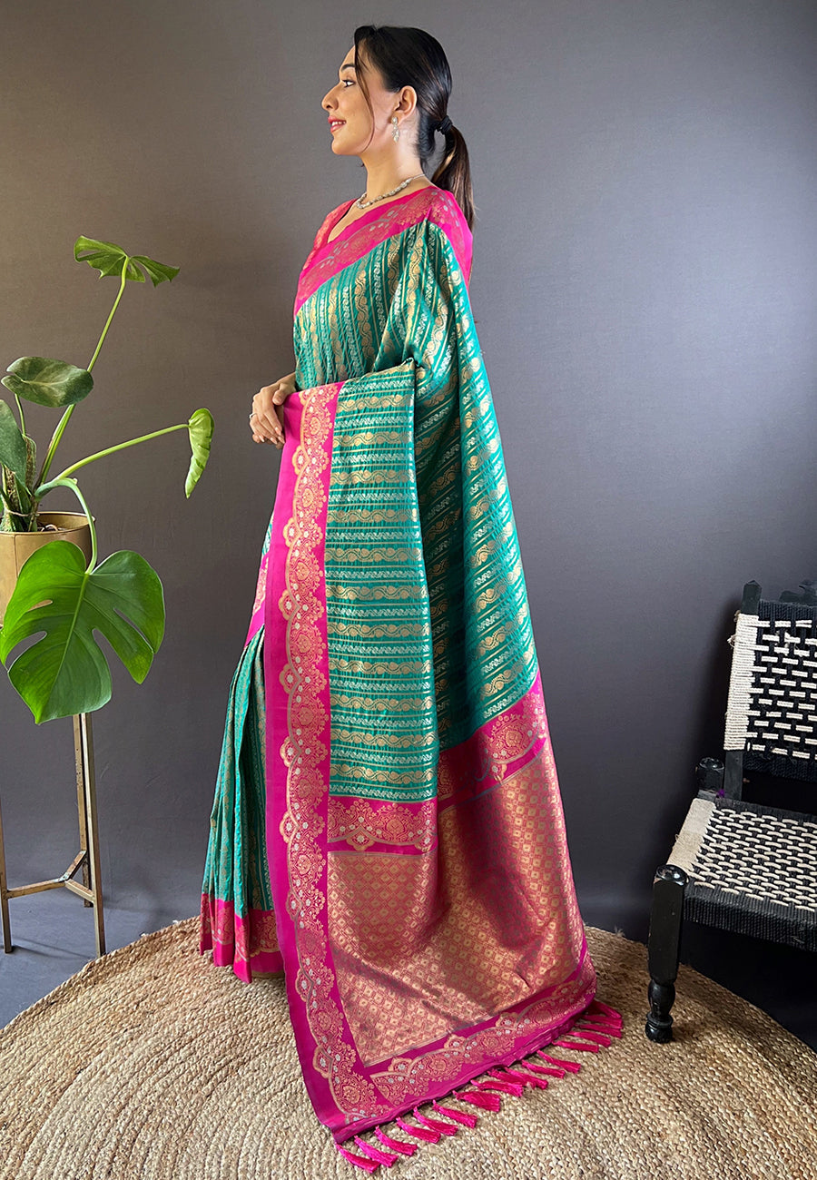 Green with Pink Contrast Zari Woven Silk Saree With Satin Unique Border