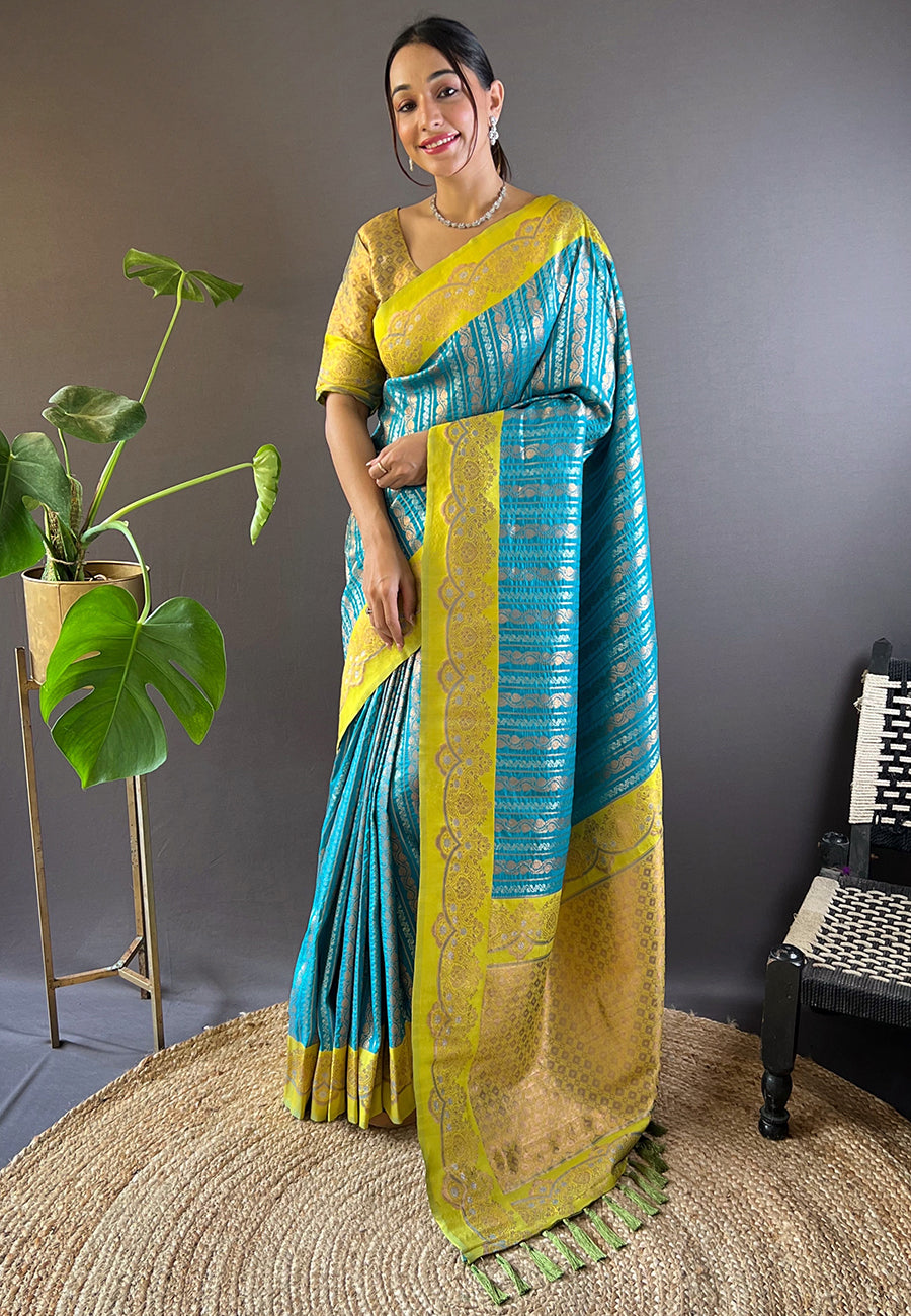 Sky Blue Contrast Zari Woven Silk Saree With Satin Unique Border