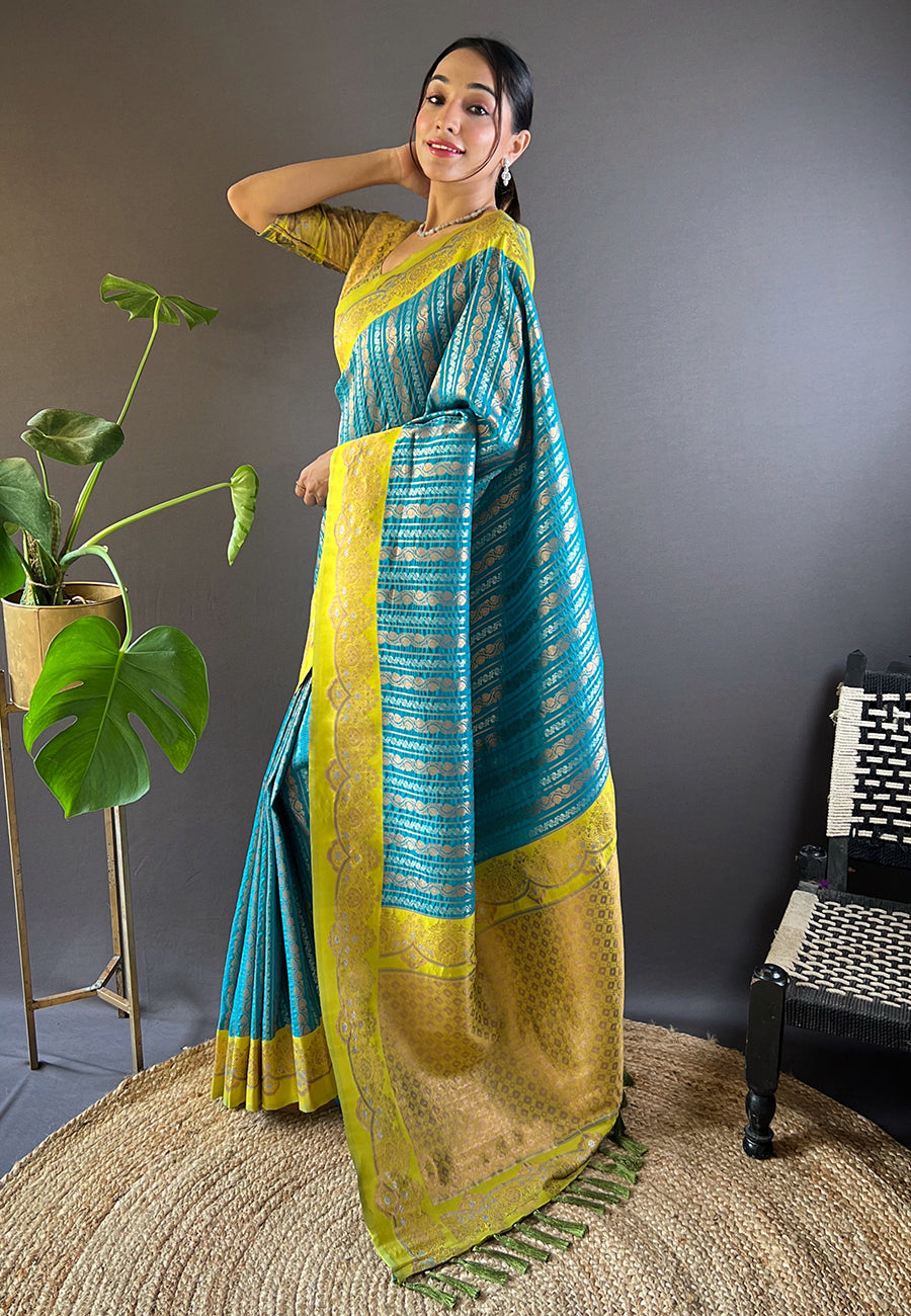Sky Blue Contrast Zari Woven Silk Saree With Satin Unique Border