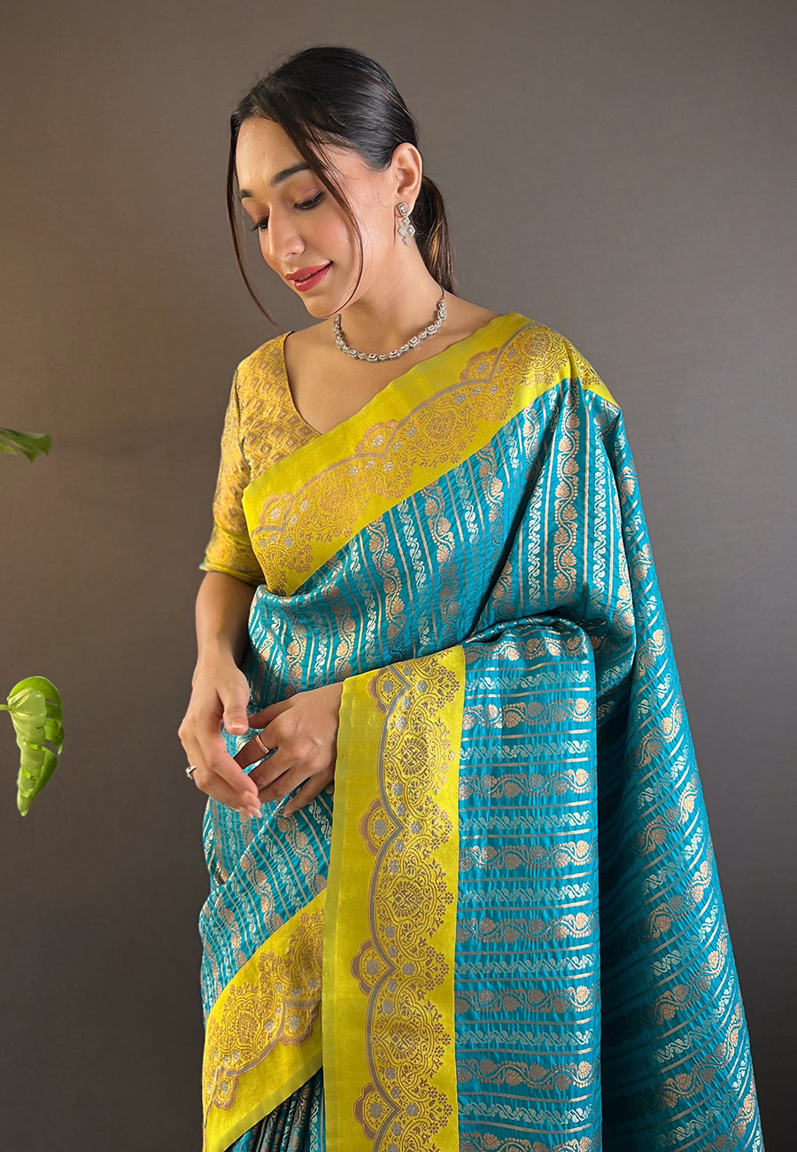 Sky Blue Contrast Zari Woven Silk Saree With Satin Unique Border