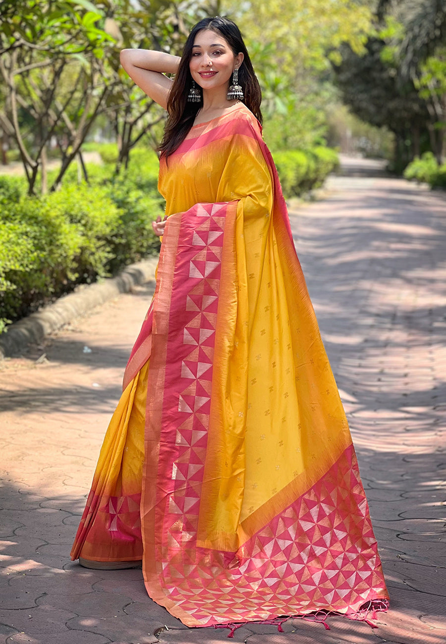 Yellow Soft Silk Floral Border Contrast Zari Woven Saree