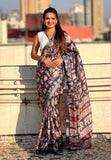 Dark Blue Tussar Silk Printed Saree with Zari Woven Border