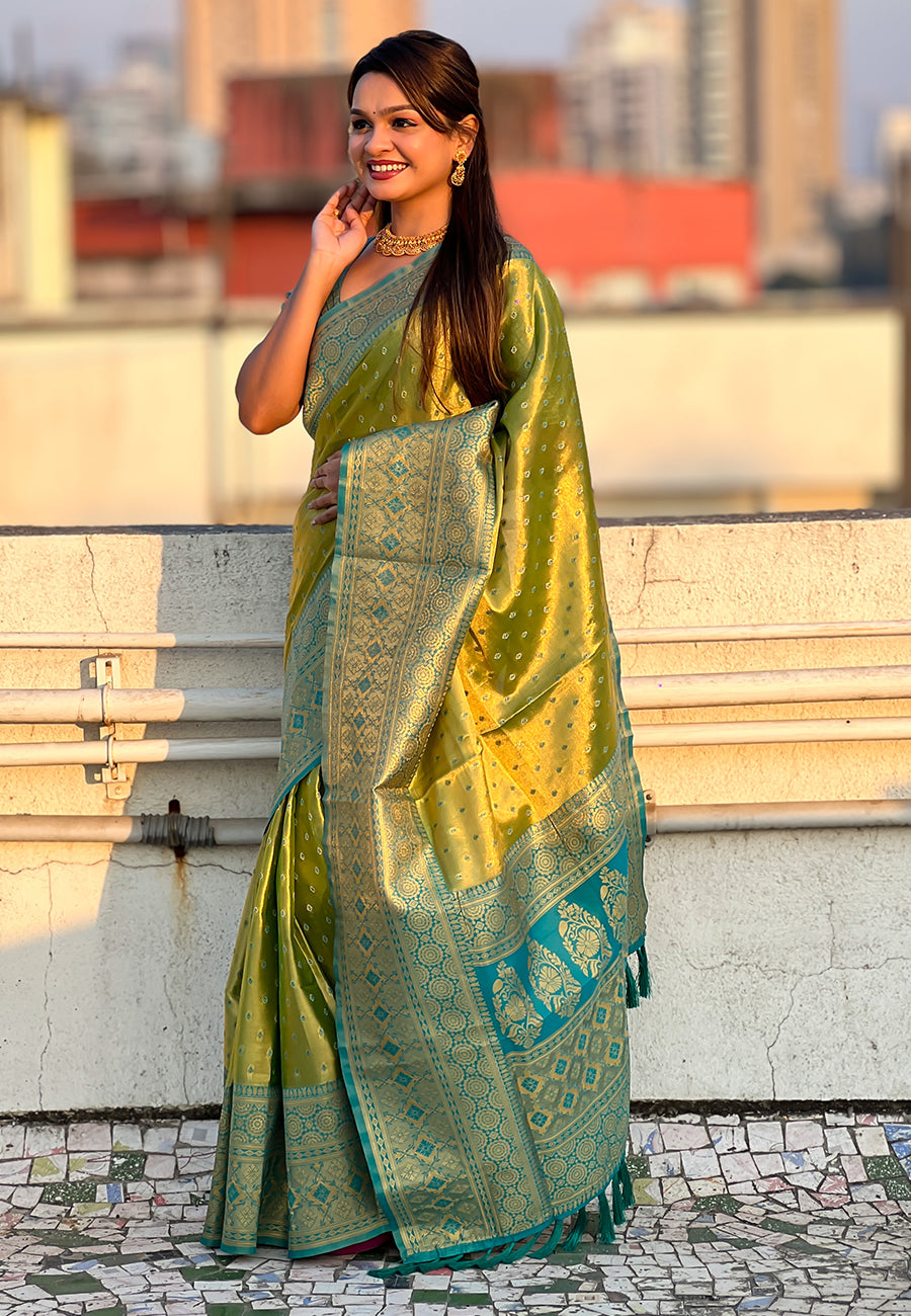Green Pure Tissue Zari Woven Saree with Contrast Weaves