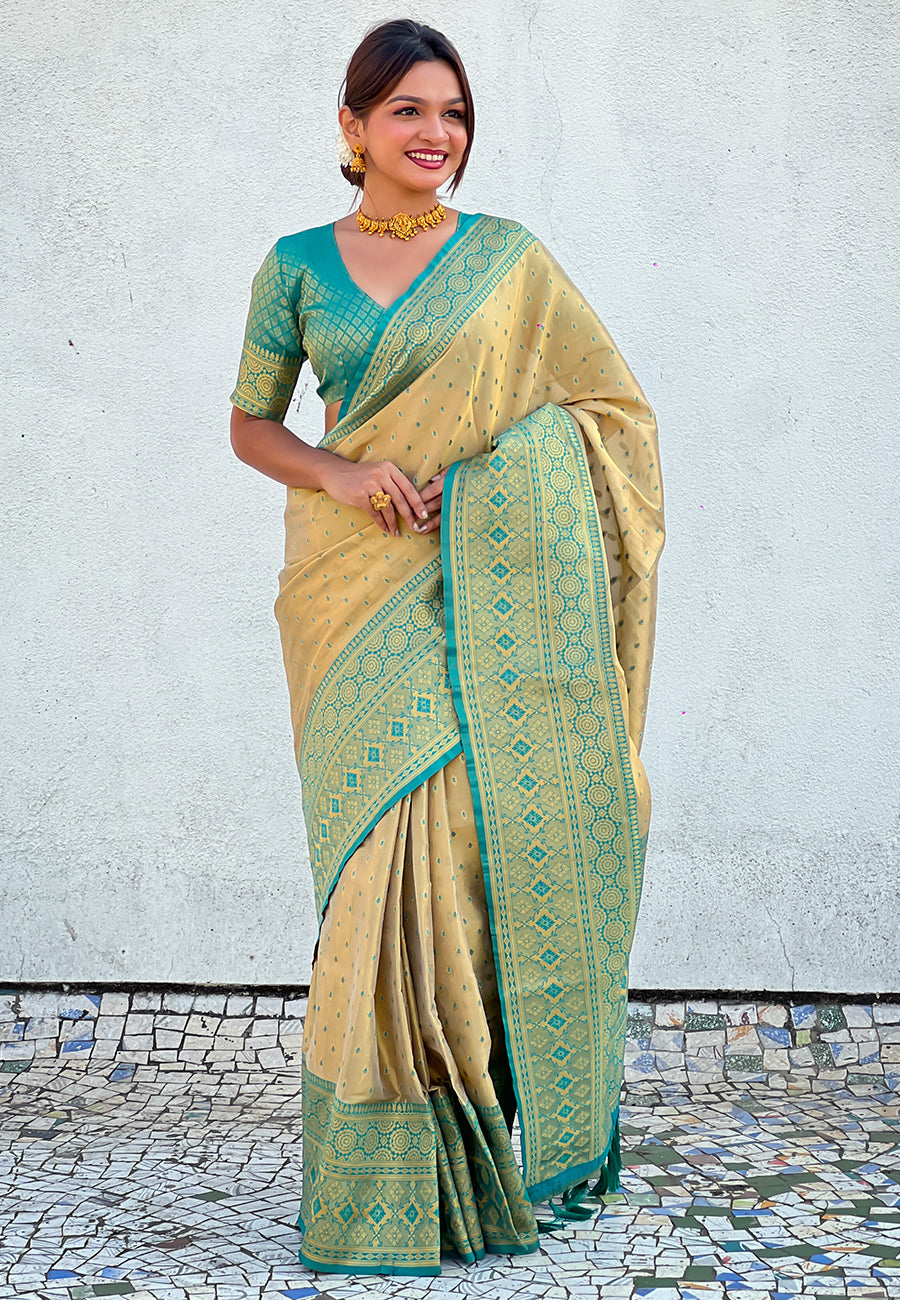 Chickoo Pure Tissue Zari Woven Saree with Contrast Weaves