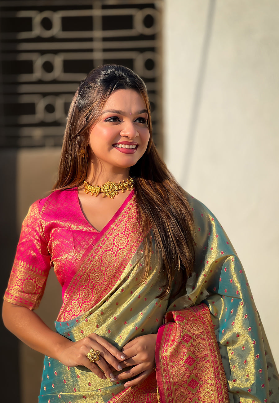 Grey Pure Tissue Zari Woven Saree with Contrast Weaves
