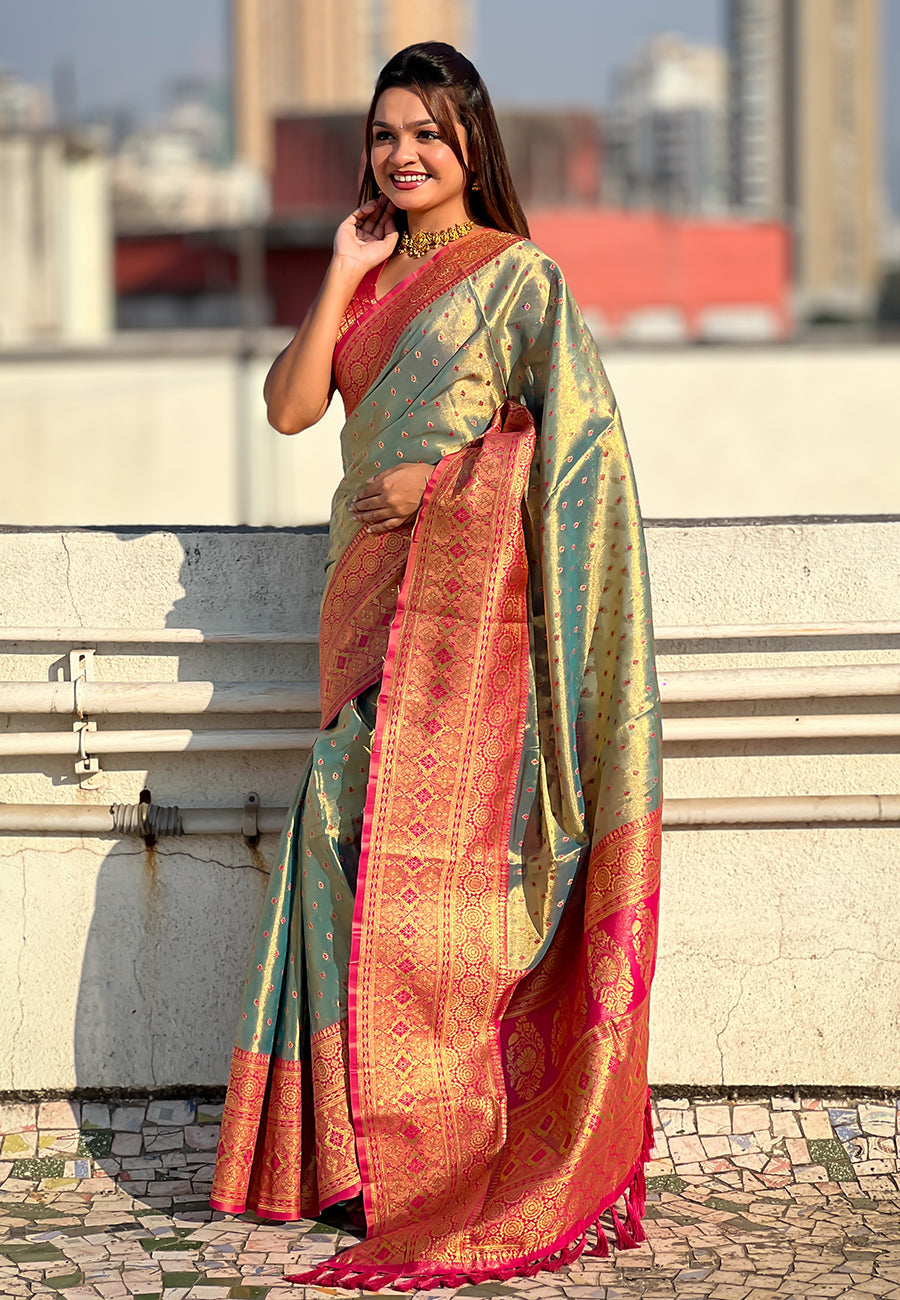 Grey Pure Tissue Zari Woven Saree with Contrast Weaves