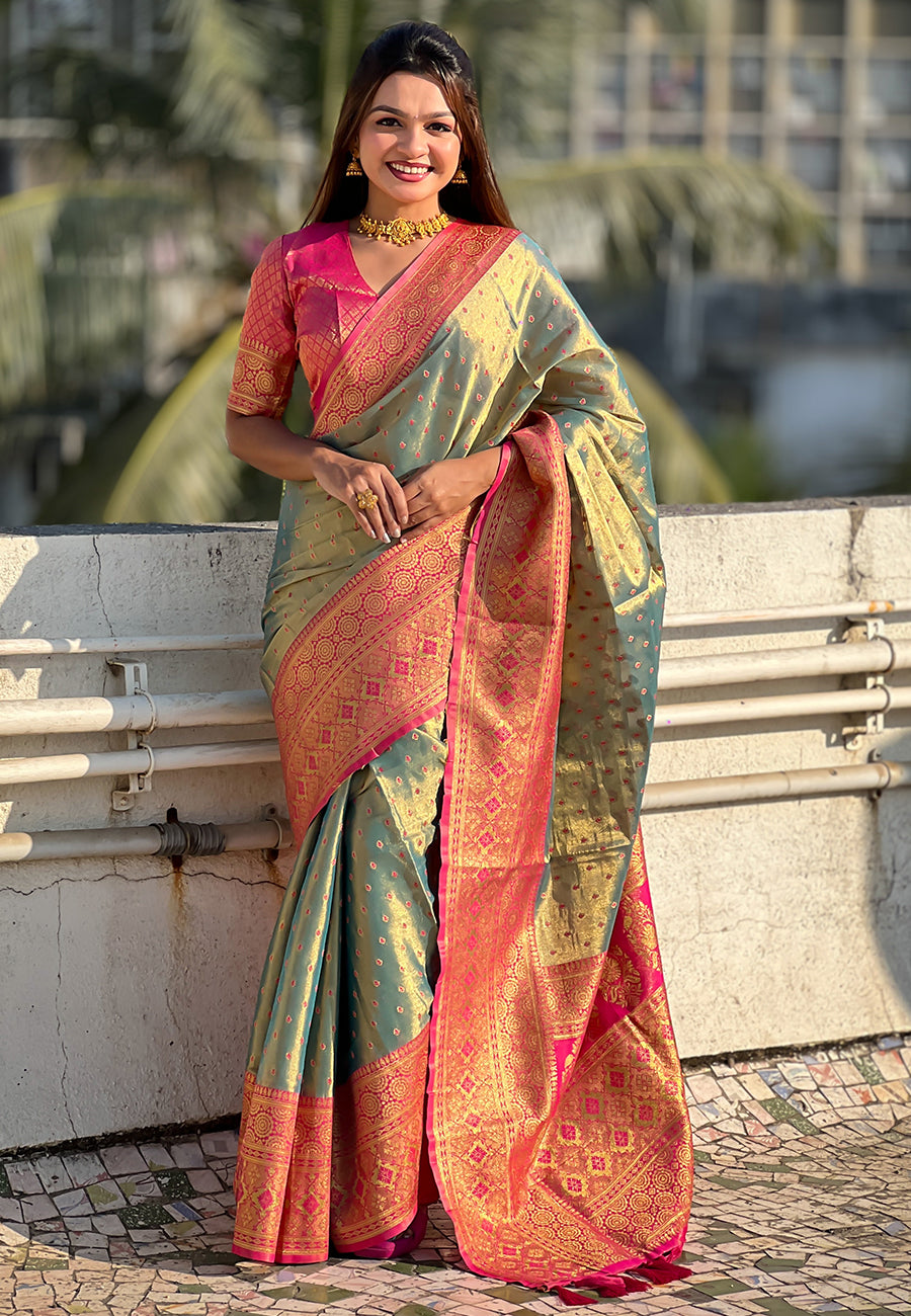 Grey Pure Tissue Zari Woven Saree with Contrast Weaves