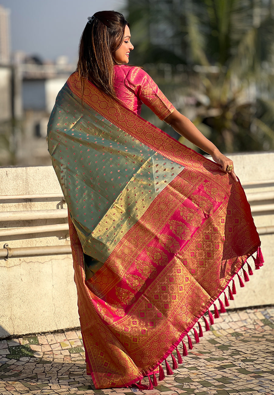 Grey Pure Tissue Zari Woven Saree with Contrast Weaves