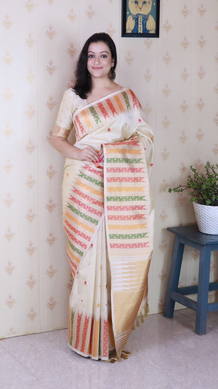 Cream Soft Silk Meenakari Zari Woven Saree with Temple Border