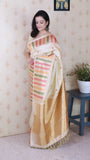 Cream Soft Silk Meenakari Zari Woven Saree with Temple Border
