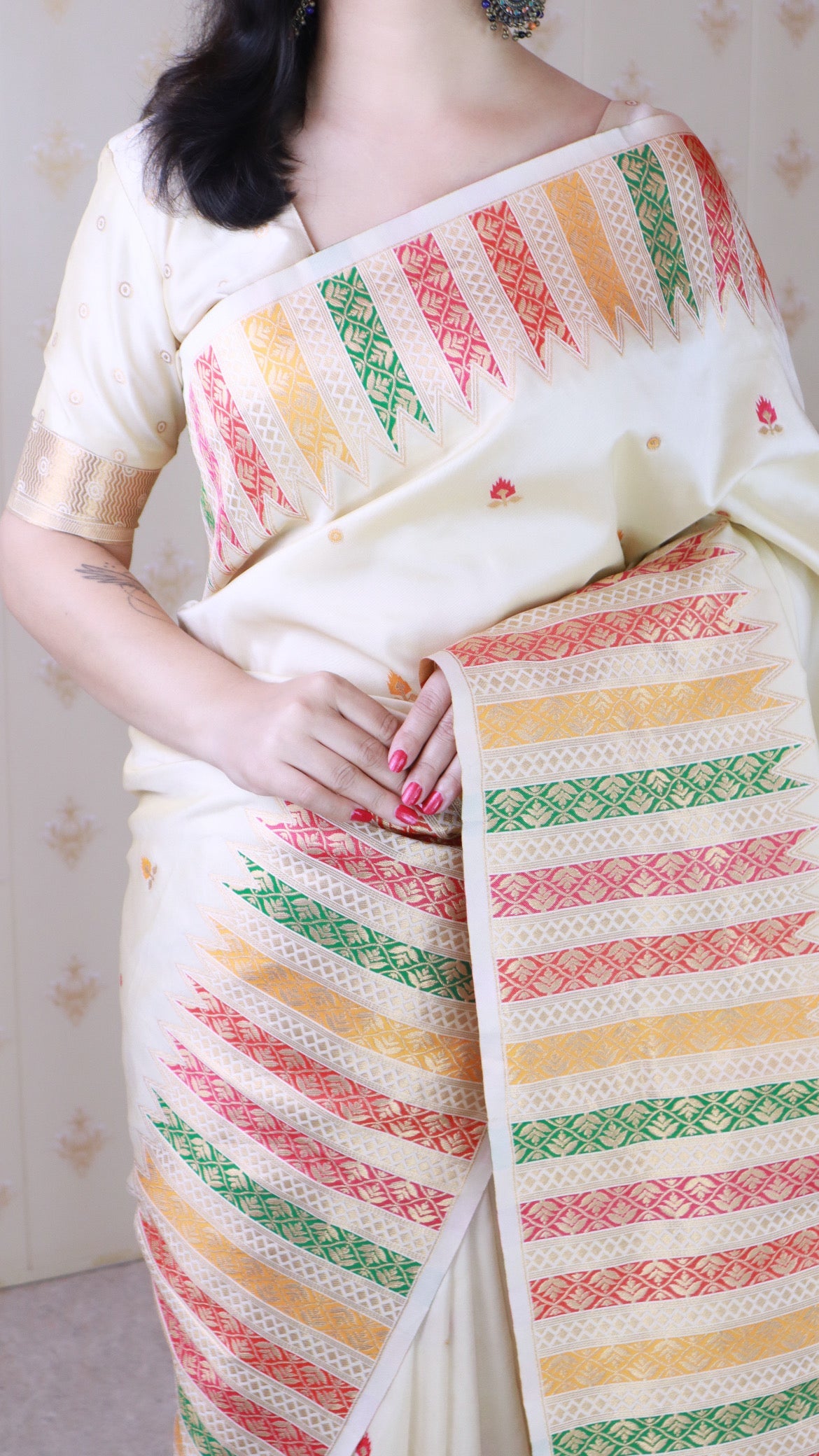 Cream Soft Silk Meenakari Zari Woven Saree with Temple Border