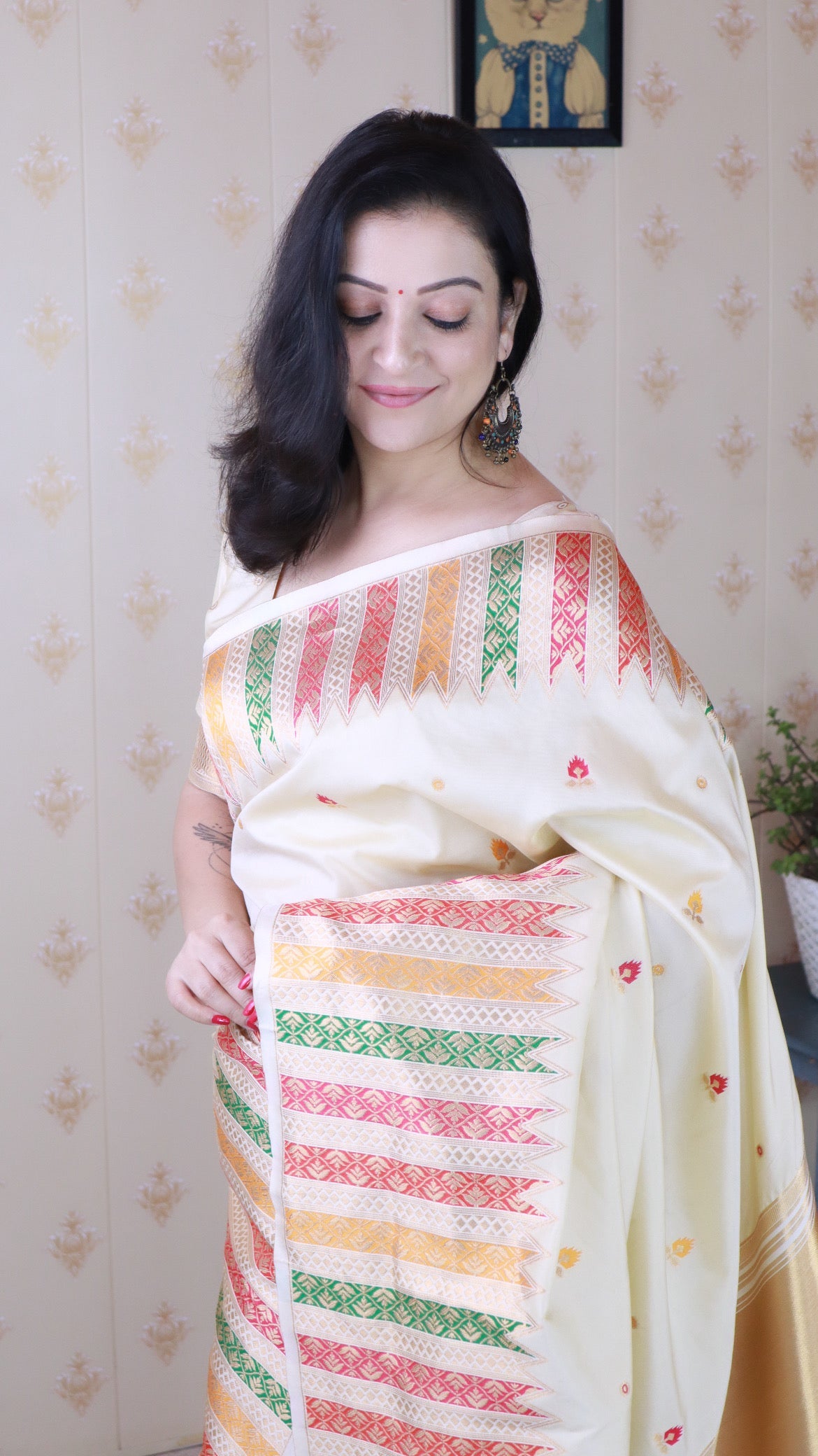Cream Soft Silk Meenakari Zari Woven Saree with Temple Border