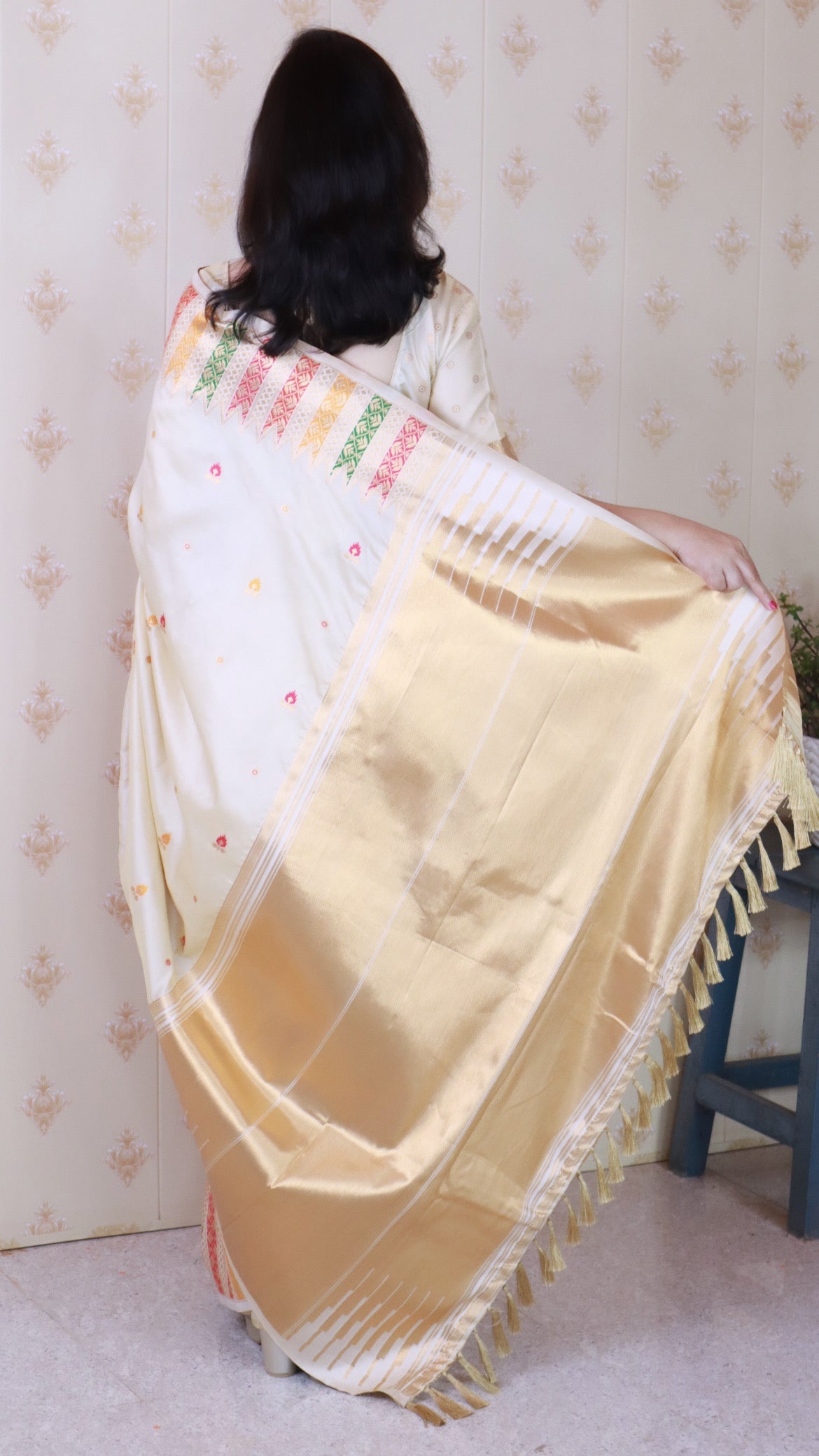 Cream Soft Silk Meenakari Zari Woven Saree with Temple Border