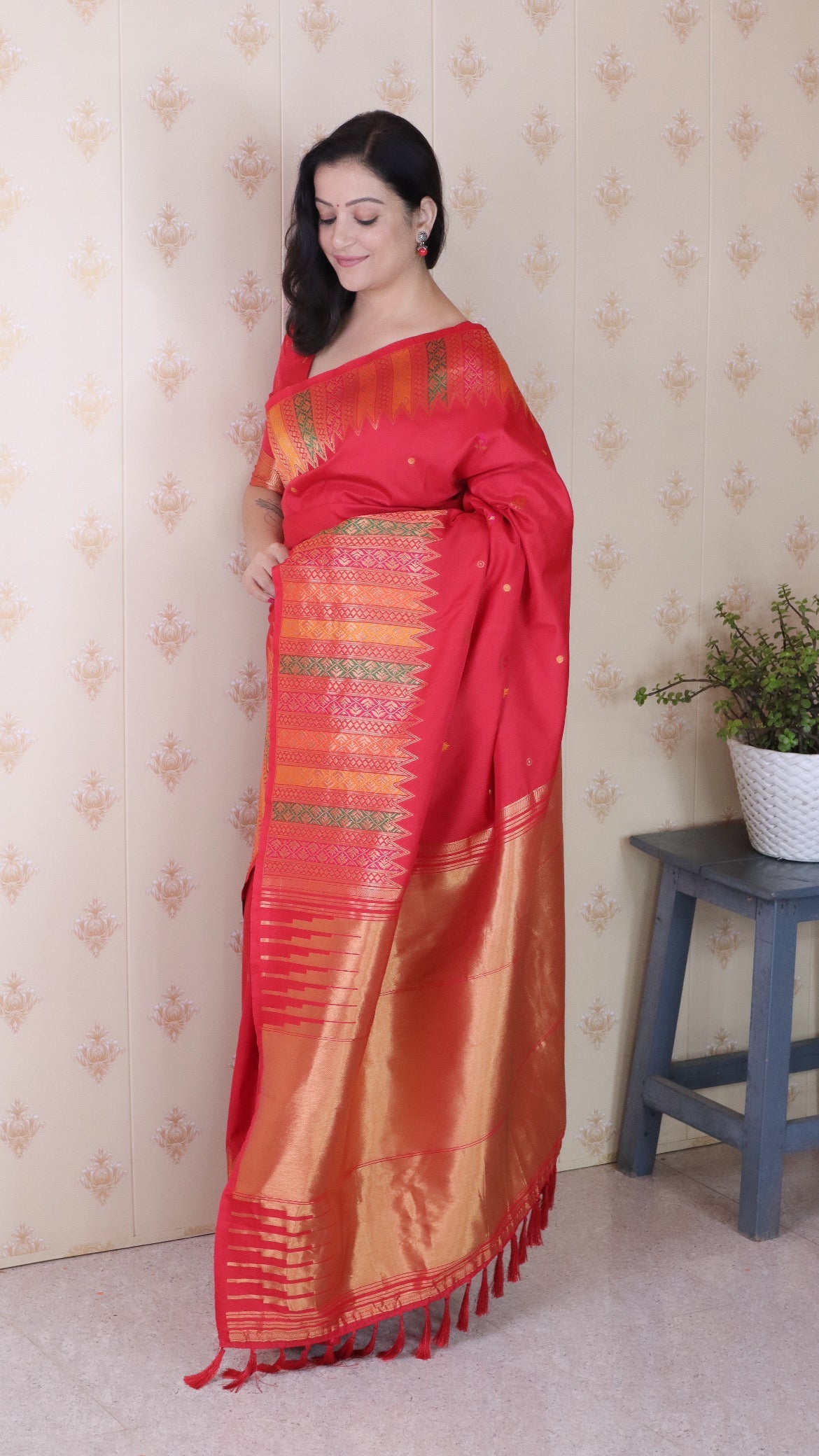 Red Soft Silk Meenakari Zari Woven Saree with Temple Border
