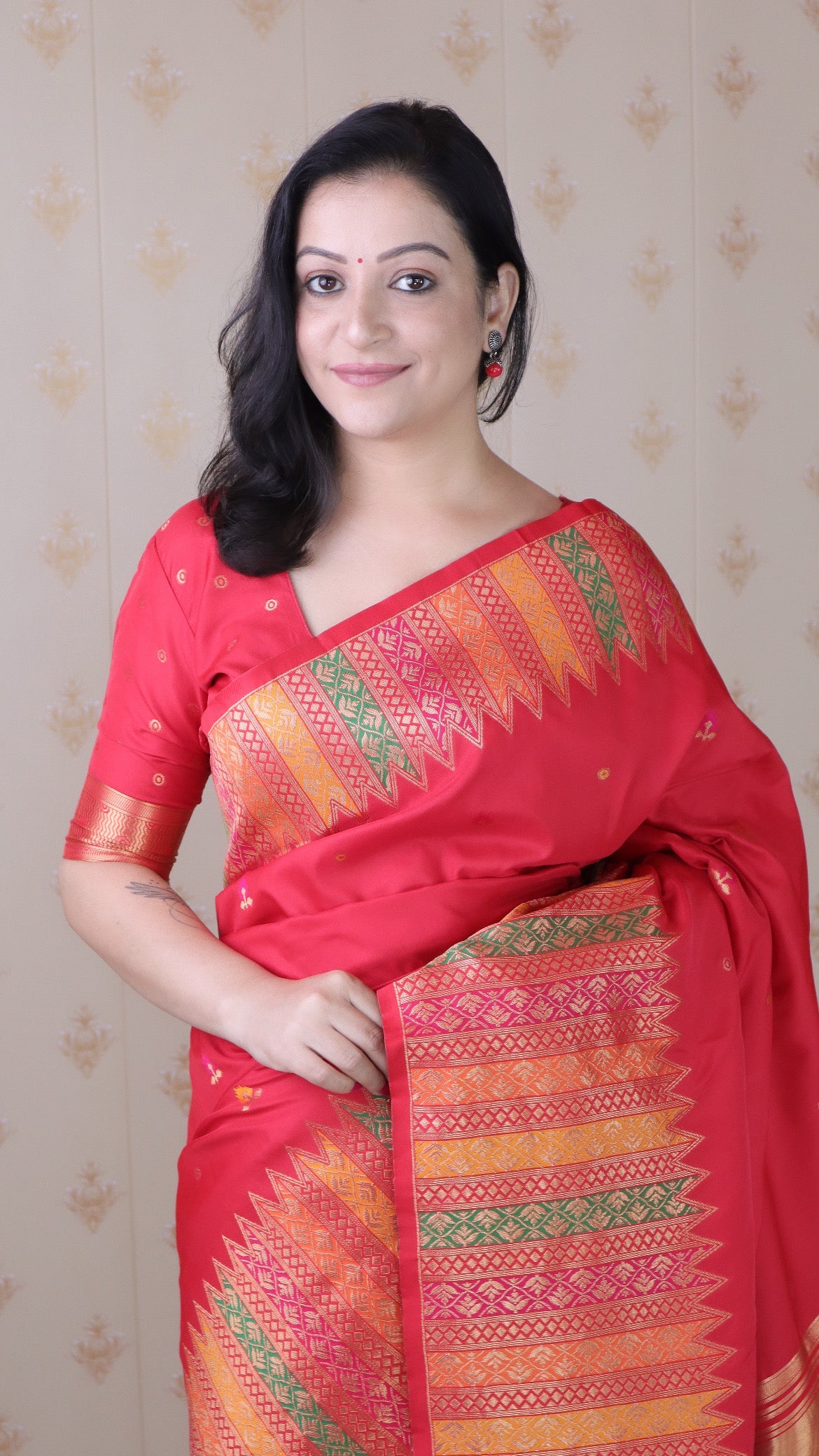 Red Soft Silk Meenakari Zari Woven Saree with Temple Border