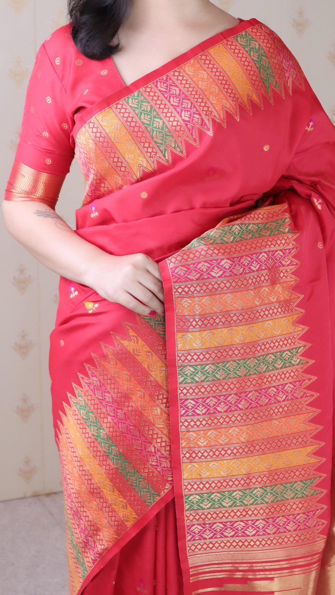 Red Soft Silk Meenakari Zari Woven Saree with Temple Border