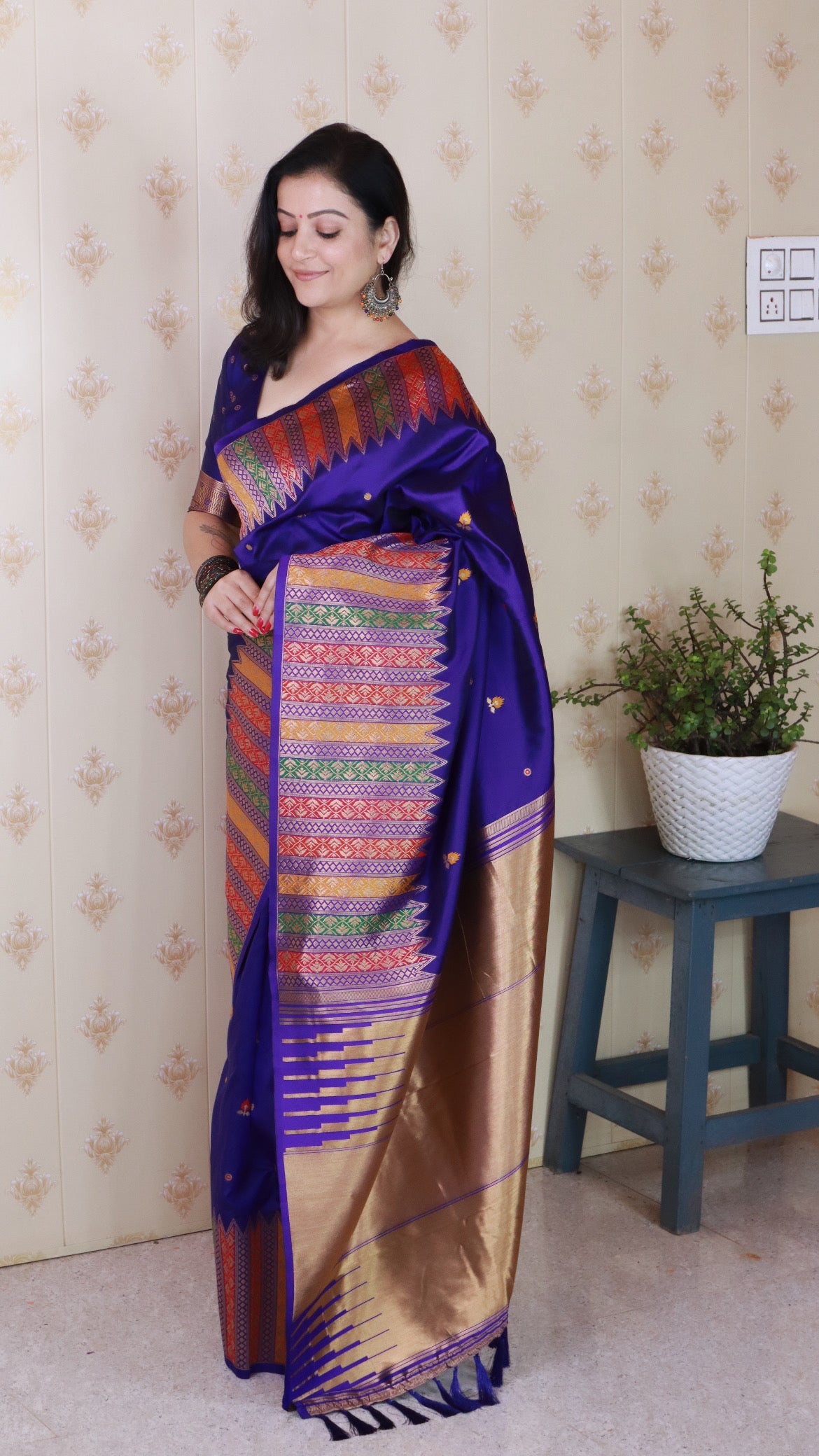 Violet Soft Silk Meenakari Zari Woven Saree with Temple Border