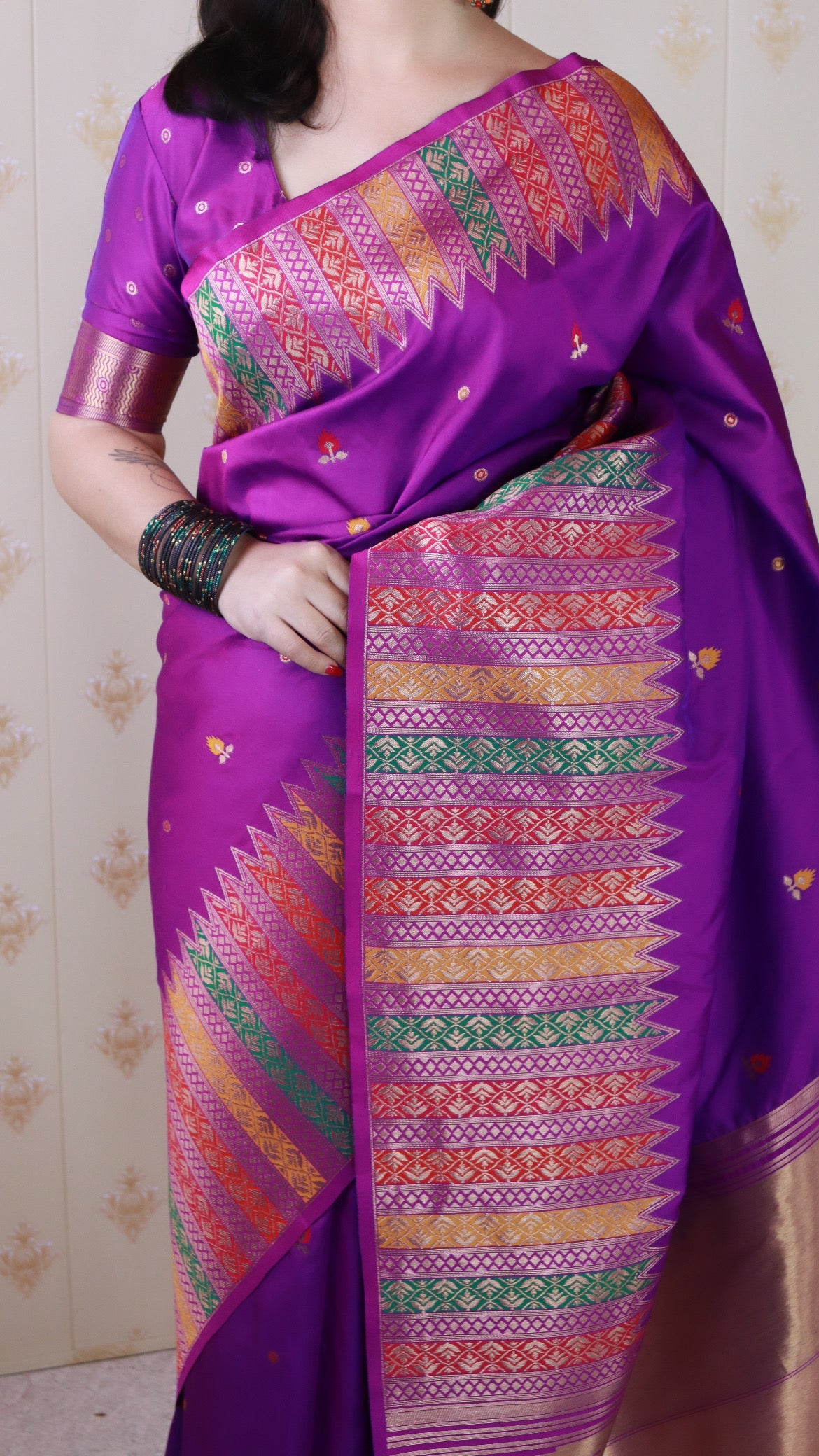 Purple Soft Silk Meenakari Zari Woven Saree with Temple Border
