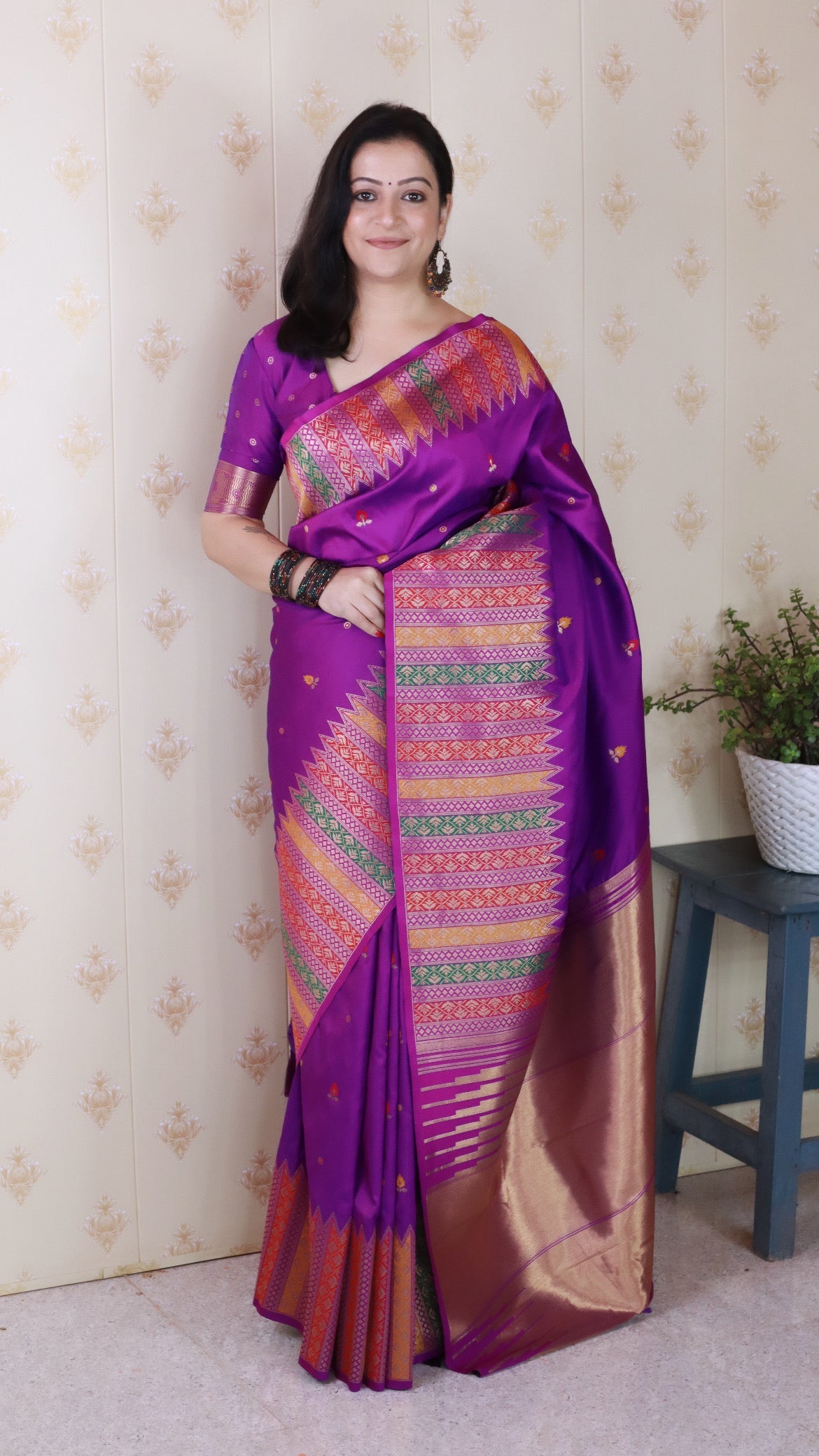 Purple Soft Silk Meenakari Zari Woven Saree with Temple Border
