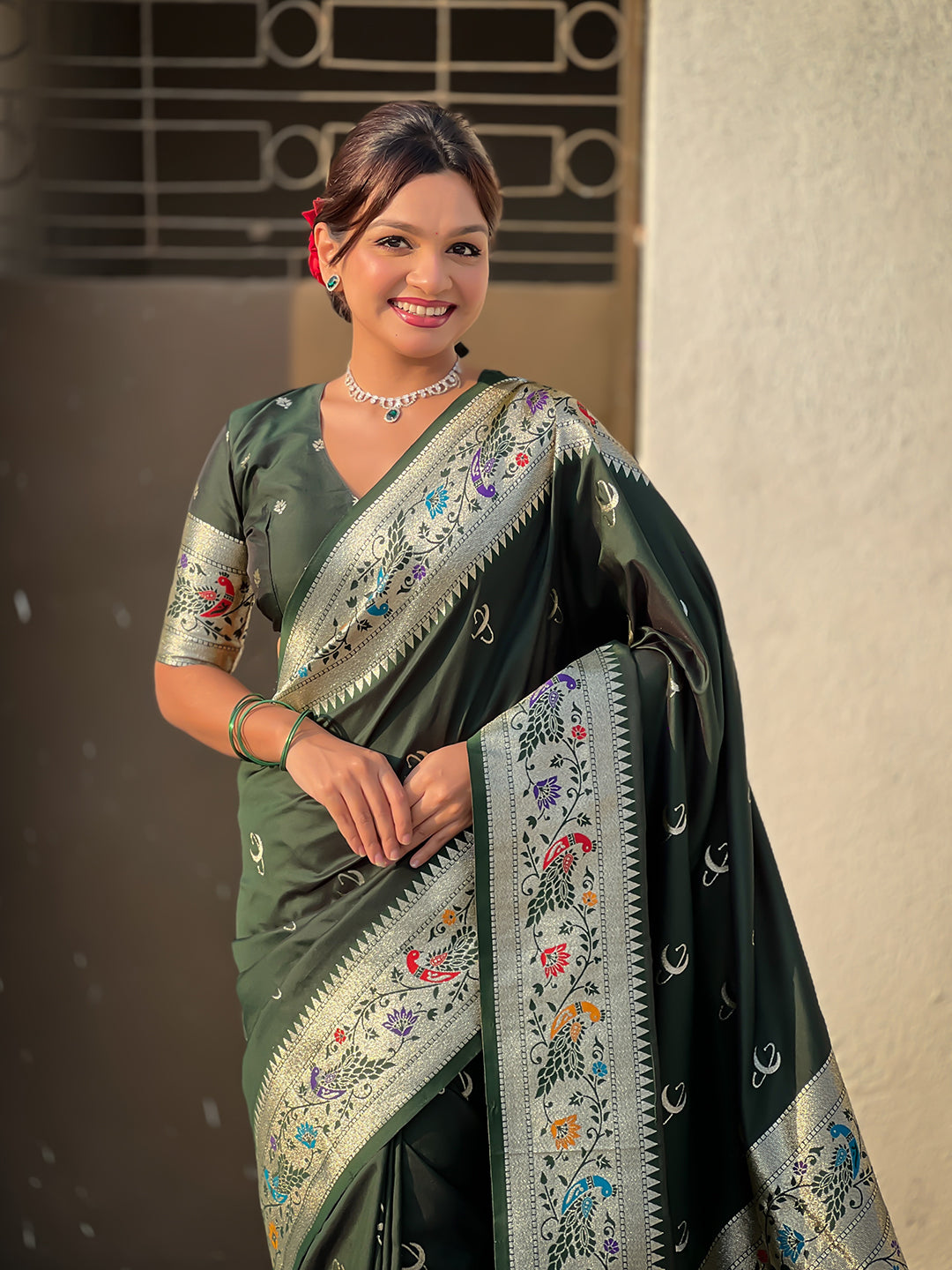 BottleGreen Chandrakor Paithani Silk Banarasi Zari Woven Saree