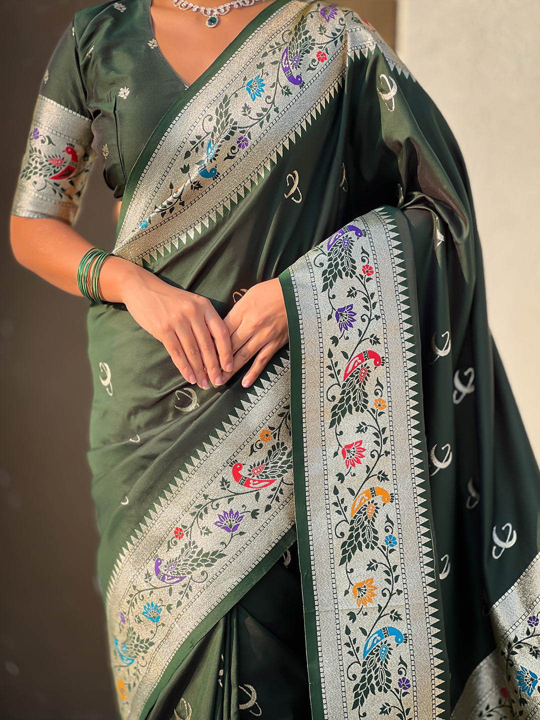 BottleGreen Chandrakor Paithani Silk Banarasi Zari Woven Saree