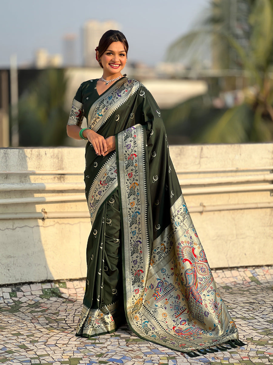 BottleGreen Chandrakor Paithani Silk Banarasi Zari Woven Saree