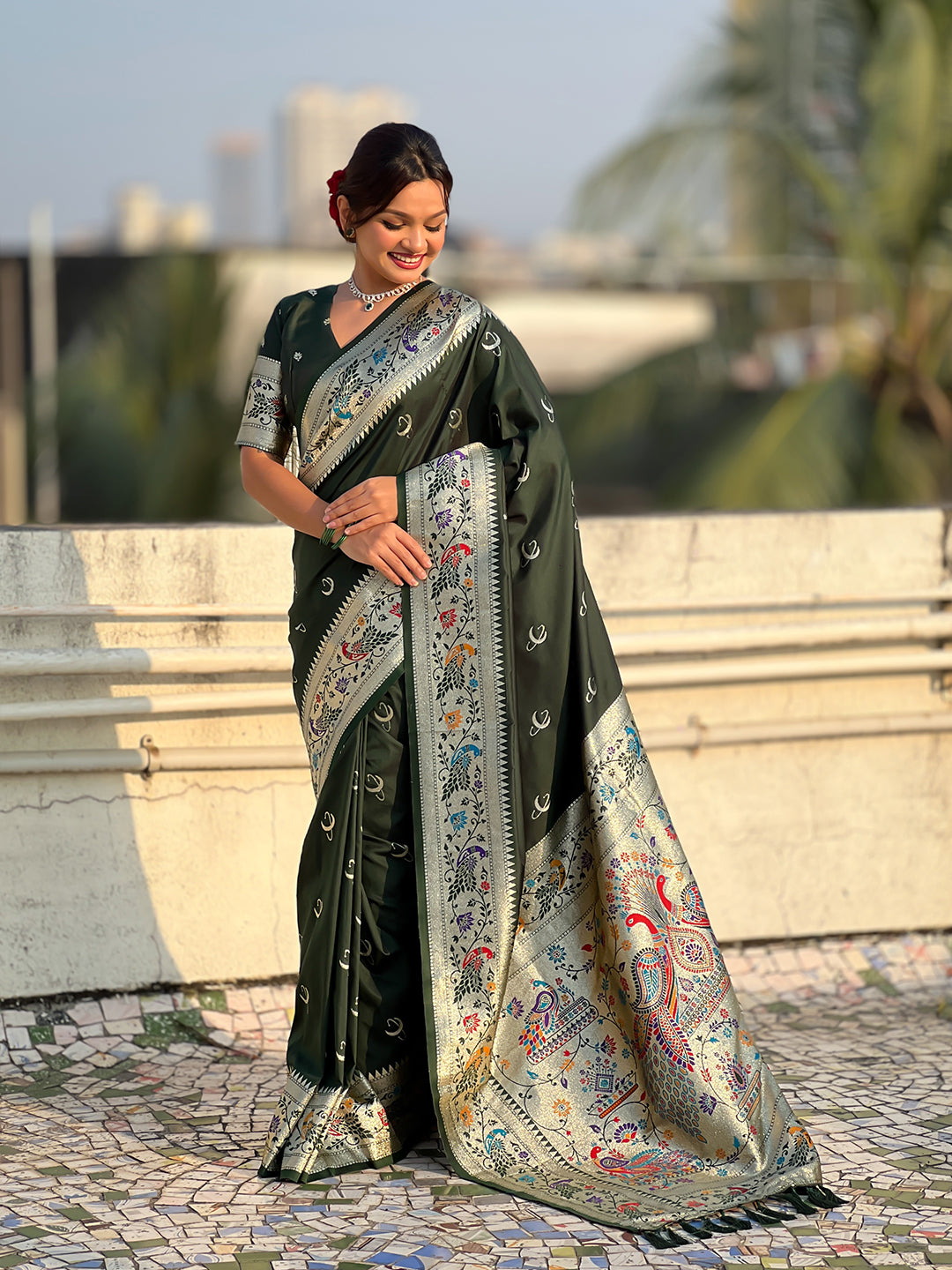 BottleGreen Chandrakor Paithani Silk Banarasi Zari Woven Saree