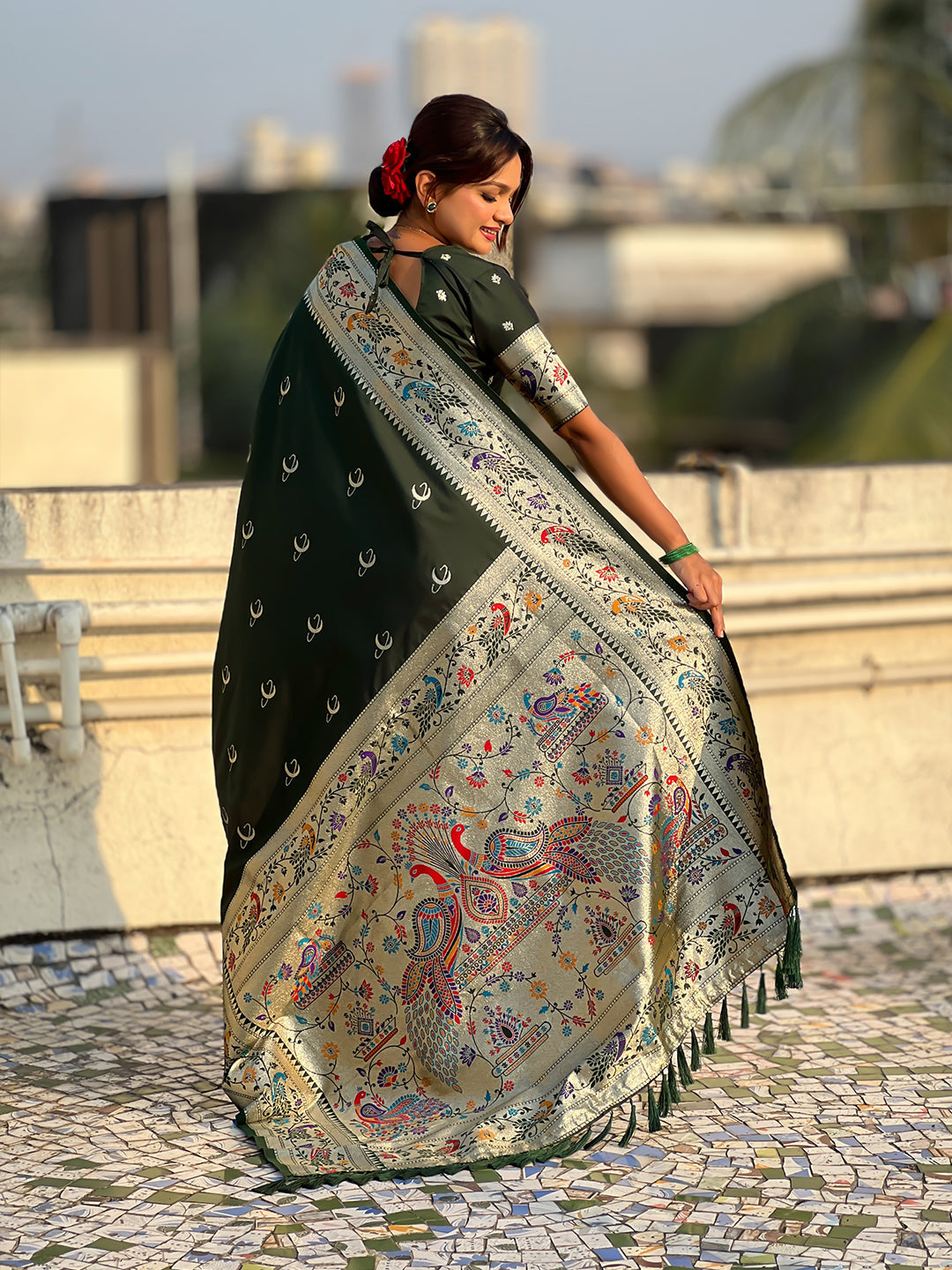 BottleGreen Chandrakor Paithani Silk Banarasi Zari Woven Saree