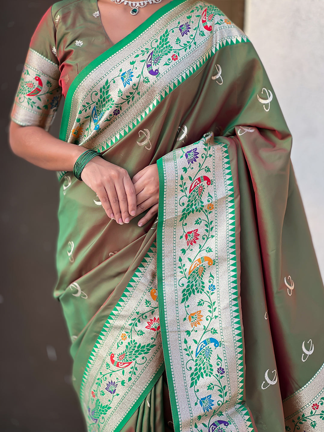 Mehendi Green Chandrakor Paithani Silk Banarasi Zari Woven Saree