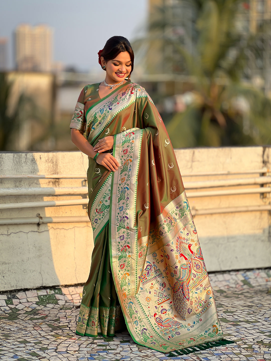 Mehendi Green Chandrakor Paithani Silk Banarasi Zari Woven Saree