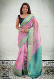 Baby Pink Tissue Crush Silk Floral Printed Saree with Zari Woven Border