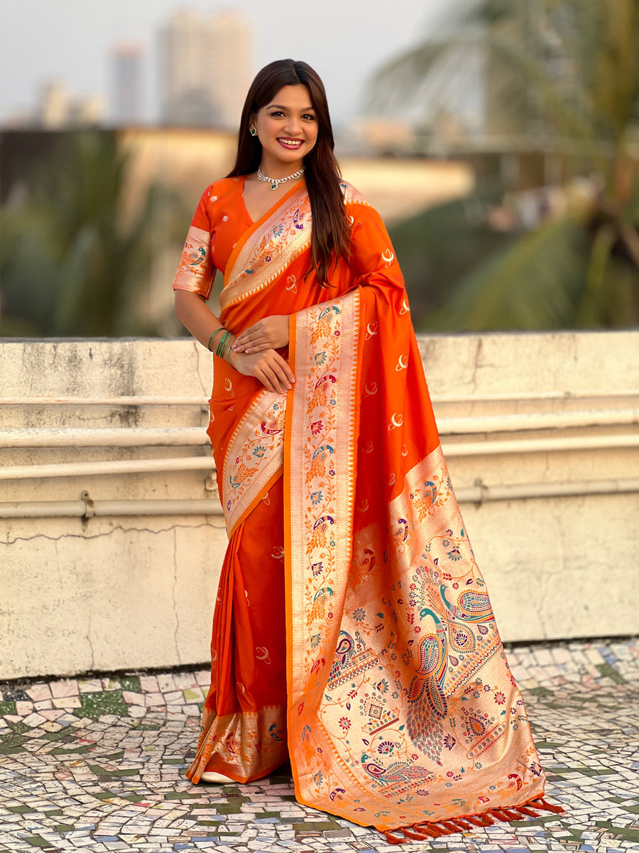Orange Chandrakor Paithani Silk Banarasi Zari Woven Saree