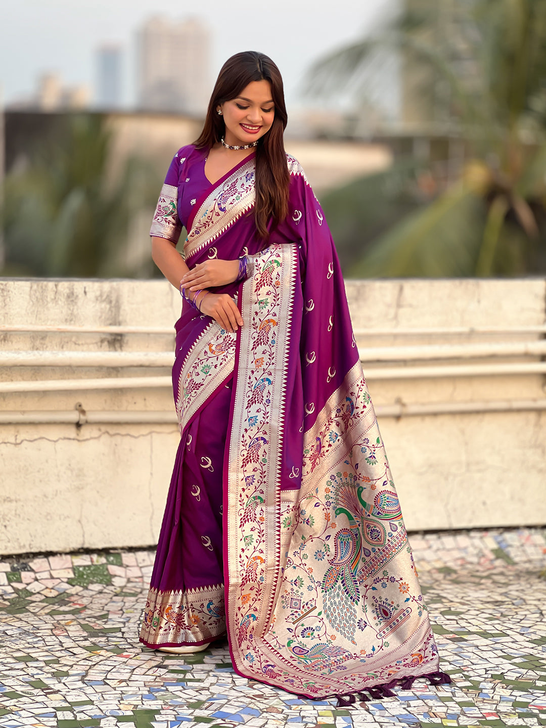Purple Chandrakor Paithani Silk Banarasi Zari Woven Saree