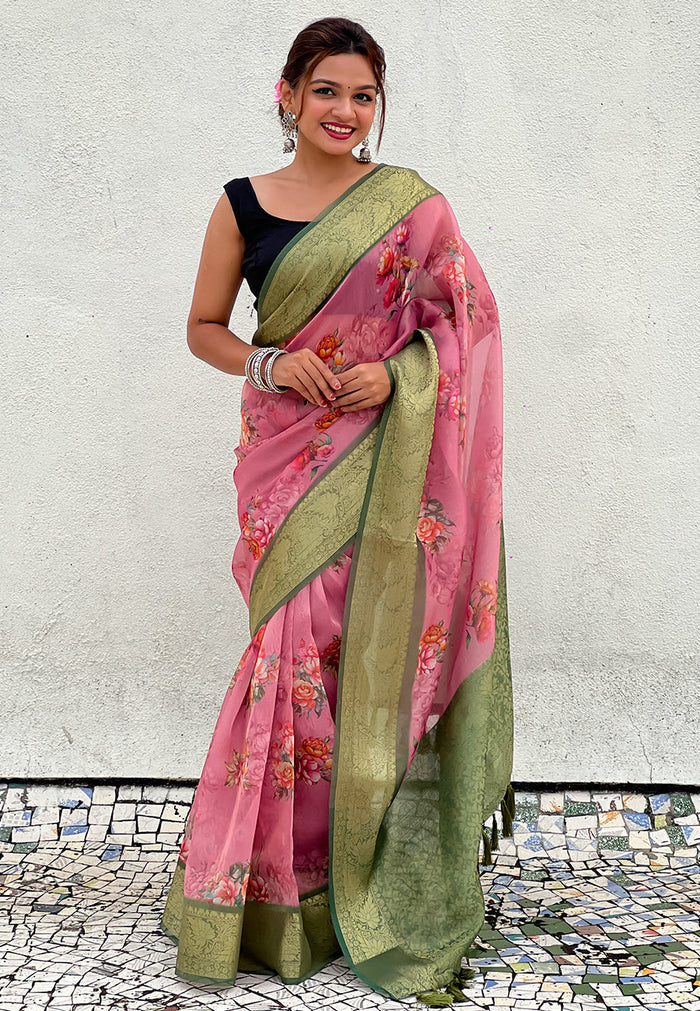 Pink Tissue Crush Silk Floral Printed Saree with Zari Woven Border