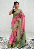 Pink Tissue Crush Silk Floral Printed Saree with Zari Woven Border