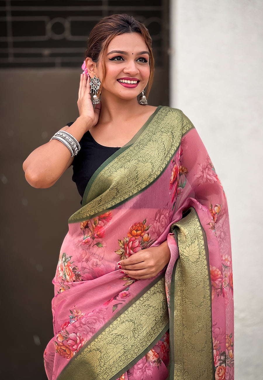 Pink Tissue Crush Silk Floral Printed Saree with Zari Woven Border