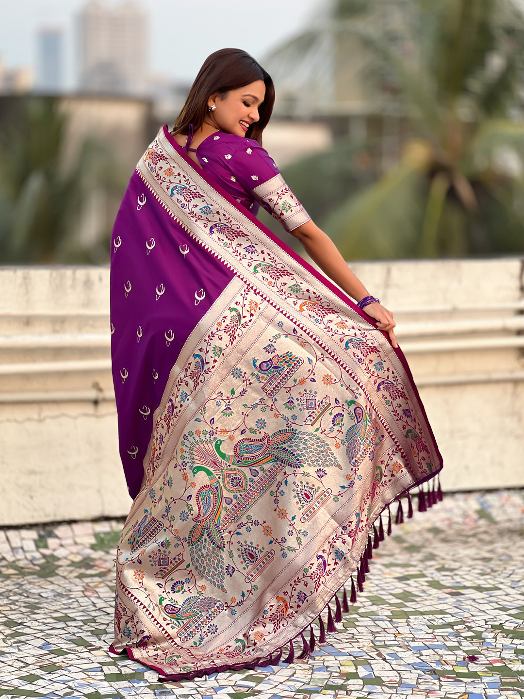 Purple Chandrakor Paithani Silk Banarasi Zari Woven Saree