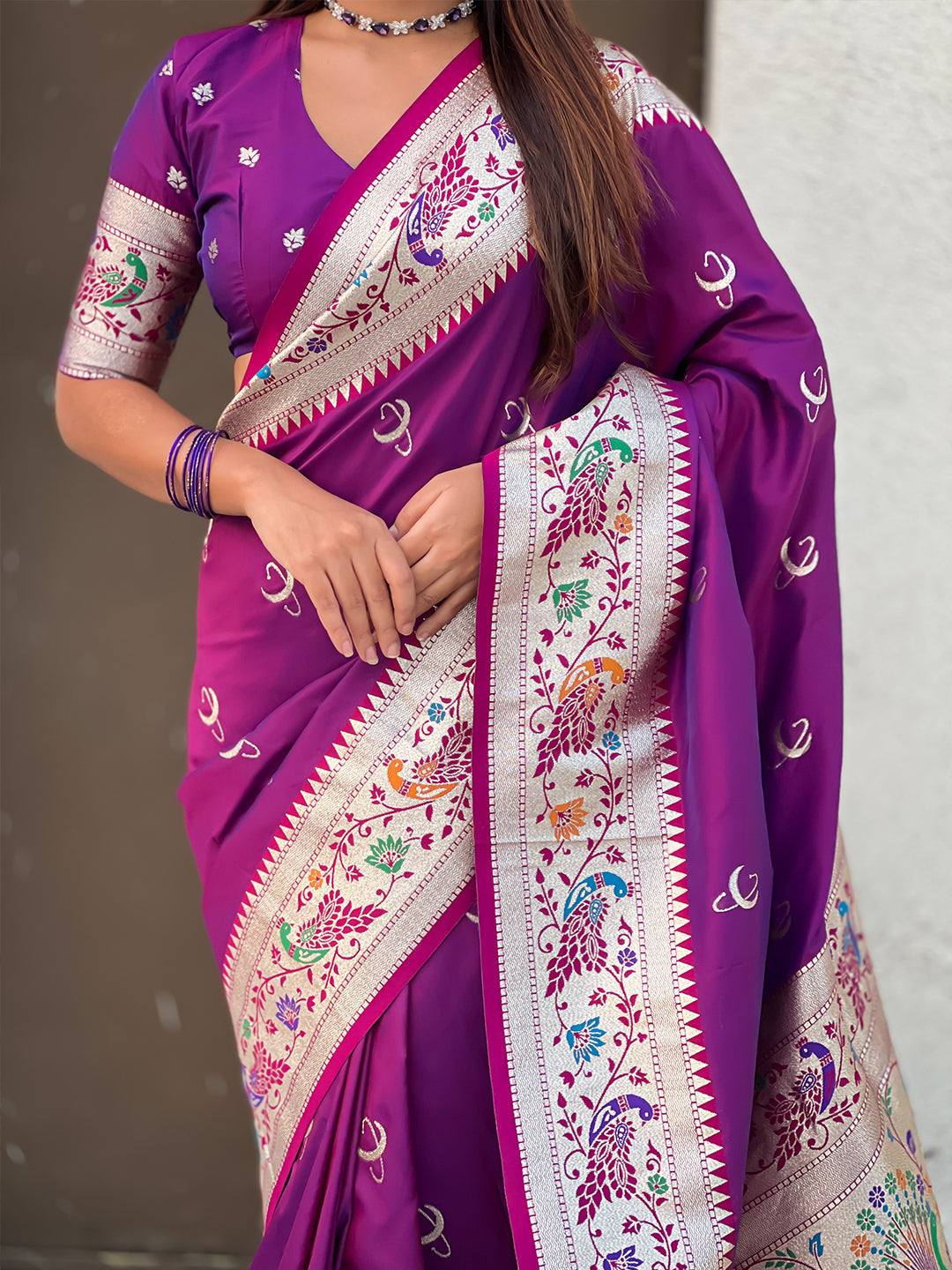 Purple Chandrakor Paithani Silk Banarasi Zari Woven Saree