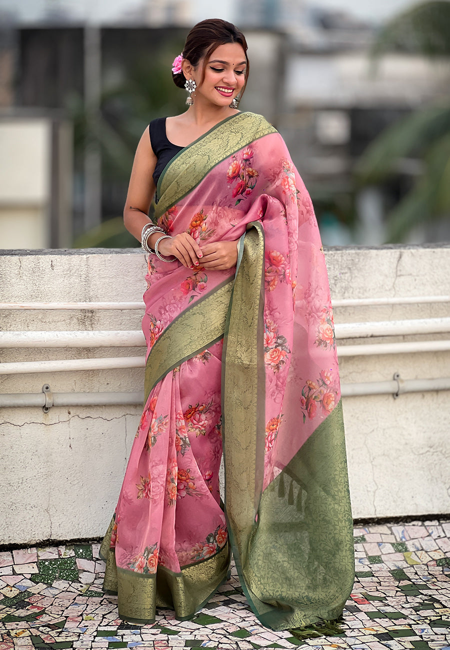 Pink Tissue Crush Silk Floral Printed Saree with Zari Woven Border