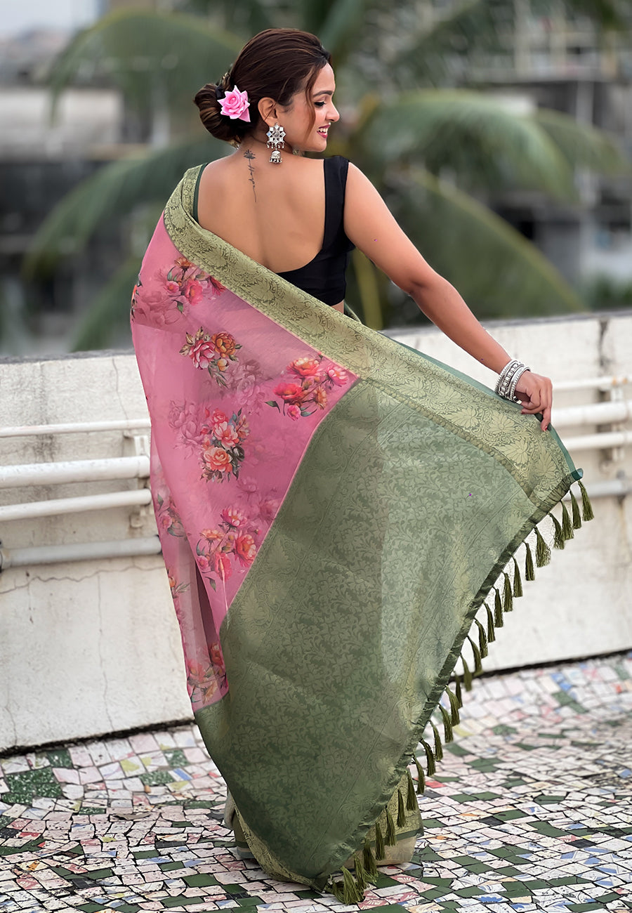 Pink Tissue Crush Silk Floral Printed Saree with Zari Woven Border
